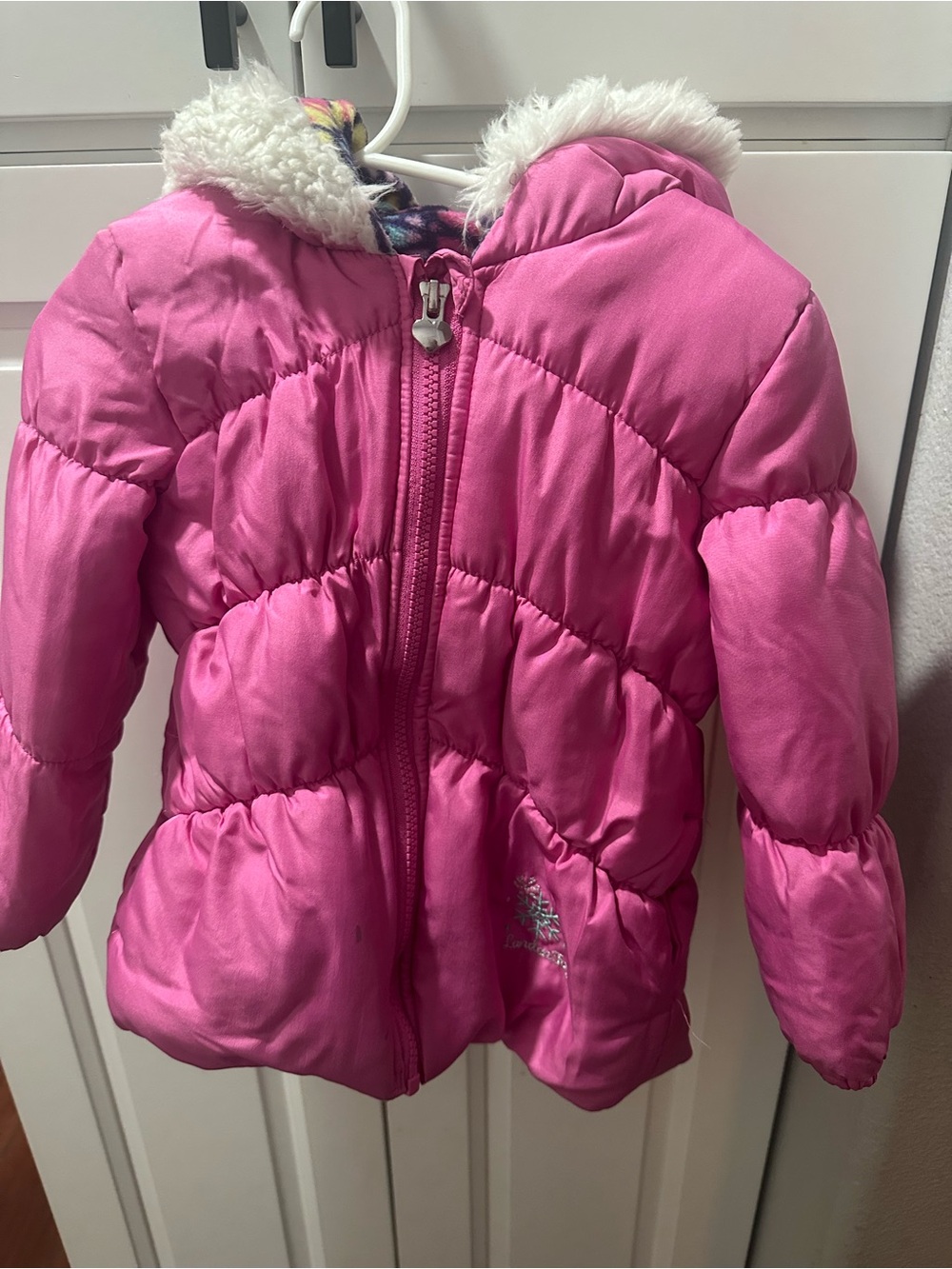 London Fog Girls' Bright Pink Hooded Puffer Coat with Faux Fur Trim